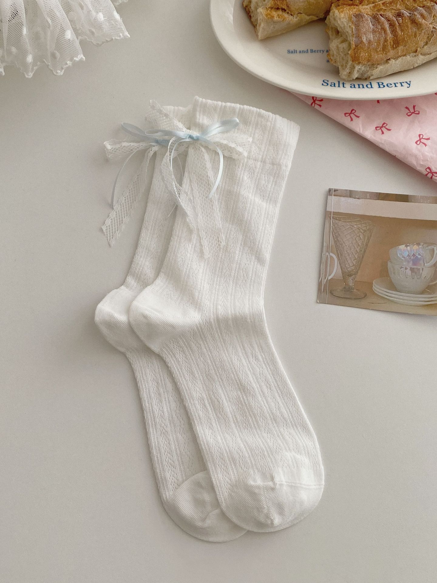 Summer Thin Boneless Ballet Style Ins Japanese Girl Lace Bow Ribbon Socks Women's Mid Tube Stockings