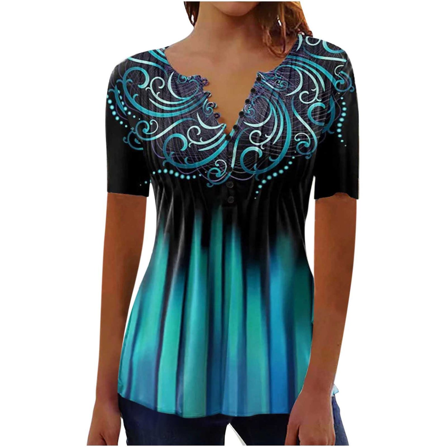 Women's Digital 3D Printed Pleated Round Neck T-shirt