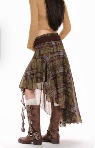 Green Chiffon Plaid Irregular Midi Skirt For Women