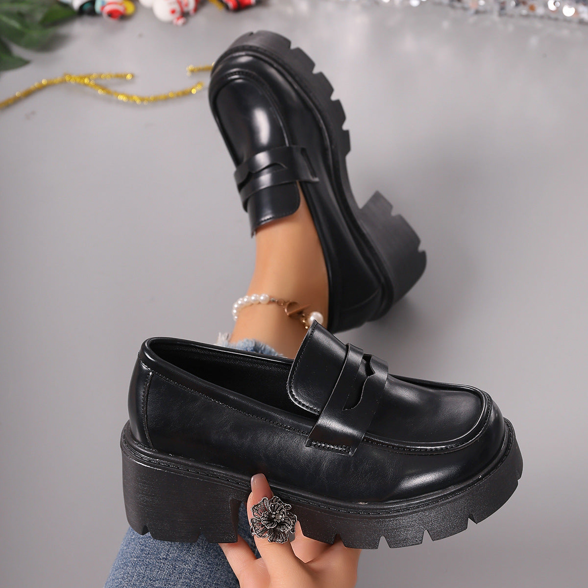 Platform Leather Shoes One Pedal Shoes