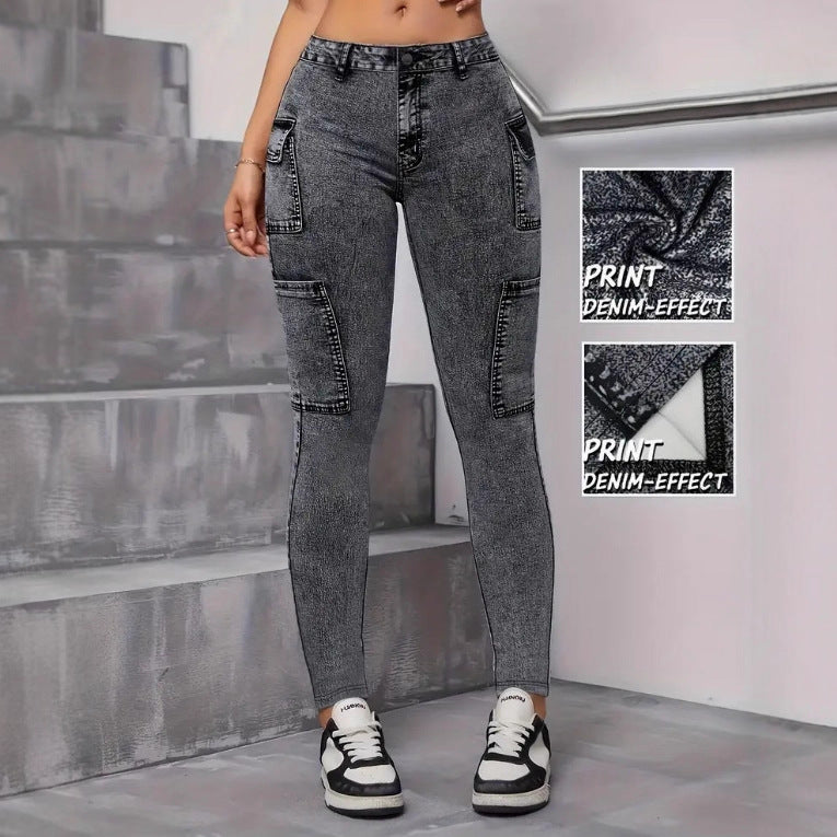 Elegant Touch Wash Jeans With Multi-stretch Fabric And Digital Denim-look Print