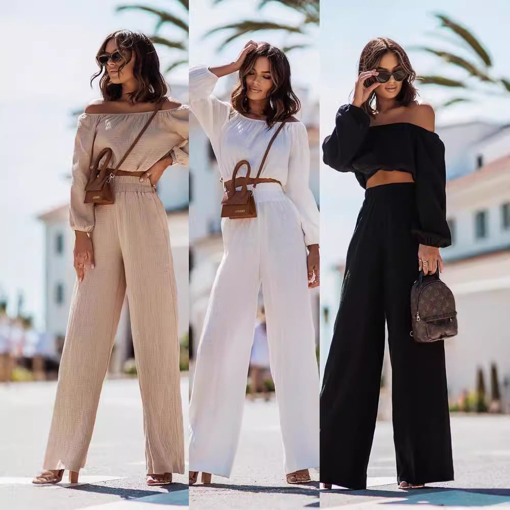 Short-sleeve Off-shoulder Top And Straight-leg Trousers Set