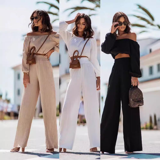 Short-sleeve Off-shoulder Top And Straight-leg Trousers Set