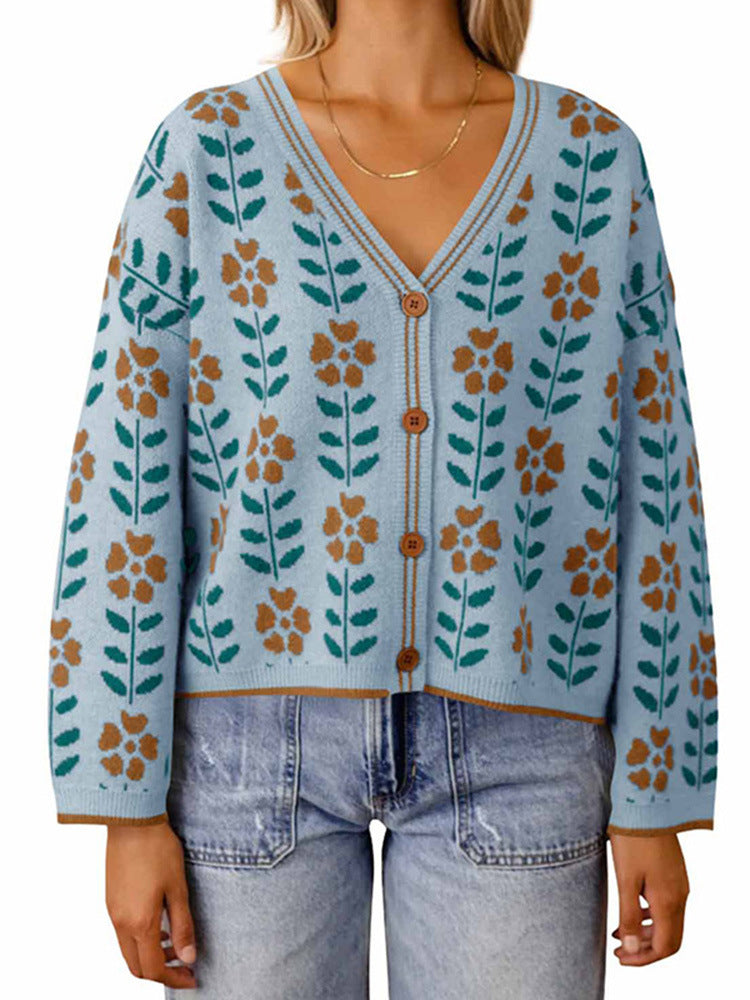 European And American Ladies Single-breasted Long Sleeve Flower Sweater