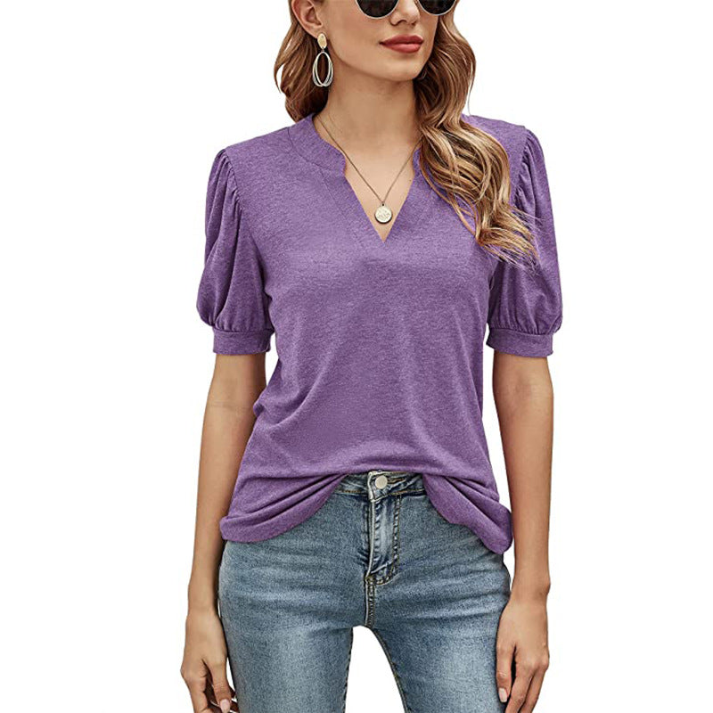 Women's New Casual V-neck Puff Sleeve Loose T-shirt Women