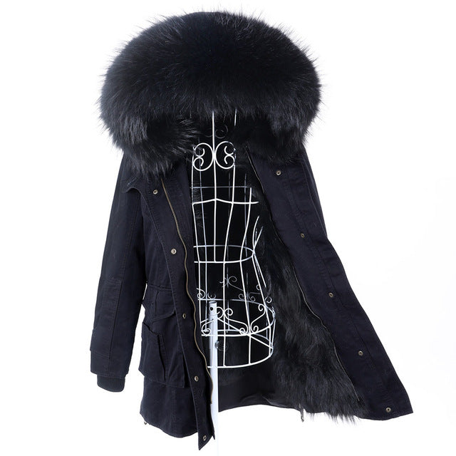 New Big Natural Real Raccoon Fur Collar Coat Luxu