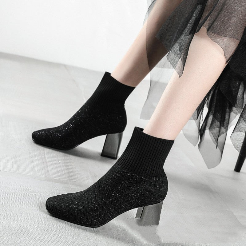 New Style Knitted Stretch Thin Boots Fashion Electroplated Thick Heel Ankle Boots