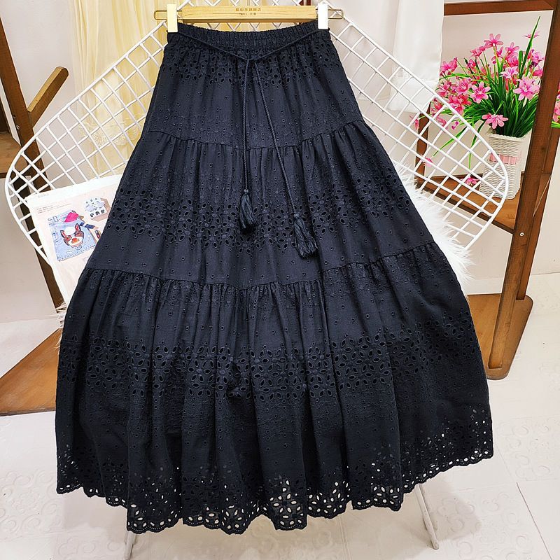 High Waist Stitching Crocheted Fairy Large Swing A- Line Mid-length