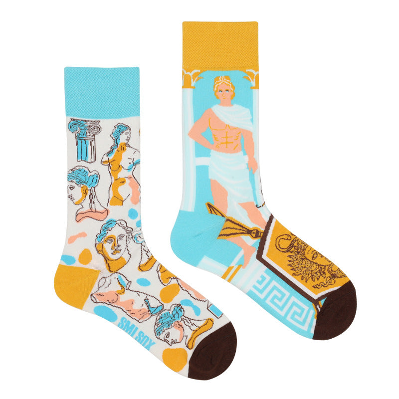 Asymmetrical Color Retro Personality Male And Female Couple Mid-length Cotton Socks