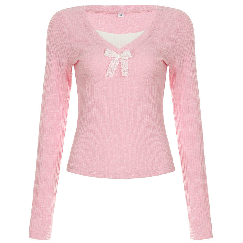 Lace Bow Color Contrast Patchwork Fake Two-piece Long-sleeved Top