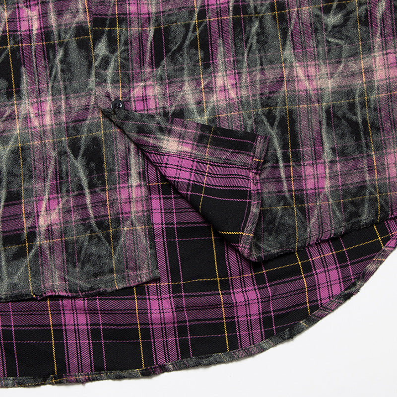 Tie-dyed Distressed Plaid Long-sleeved Shirt For Men