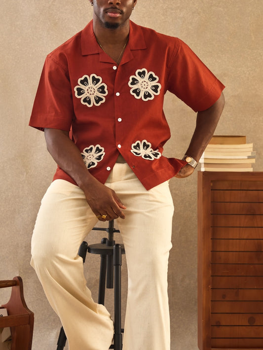 Men's Rust Red Floral Crochet Camp Collar Short Sleeve Shirt