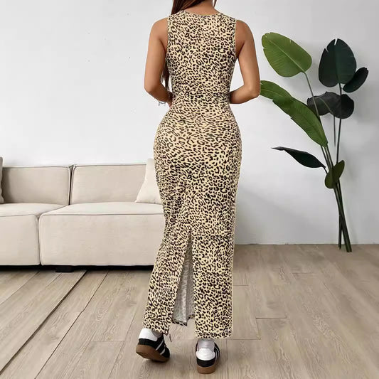 Long-sleeve Crew-neck Fashionable Leopard-print Knitted Sleeveless Bodycon Dress