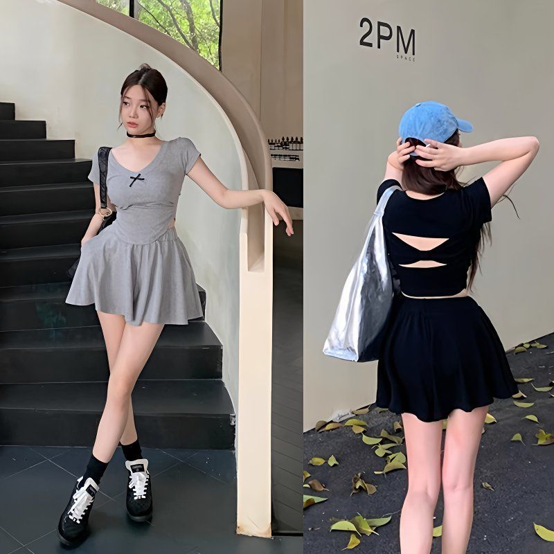 Summer Gray High-waisted Skirt Two-piece Set