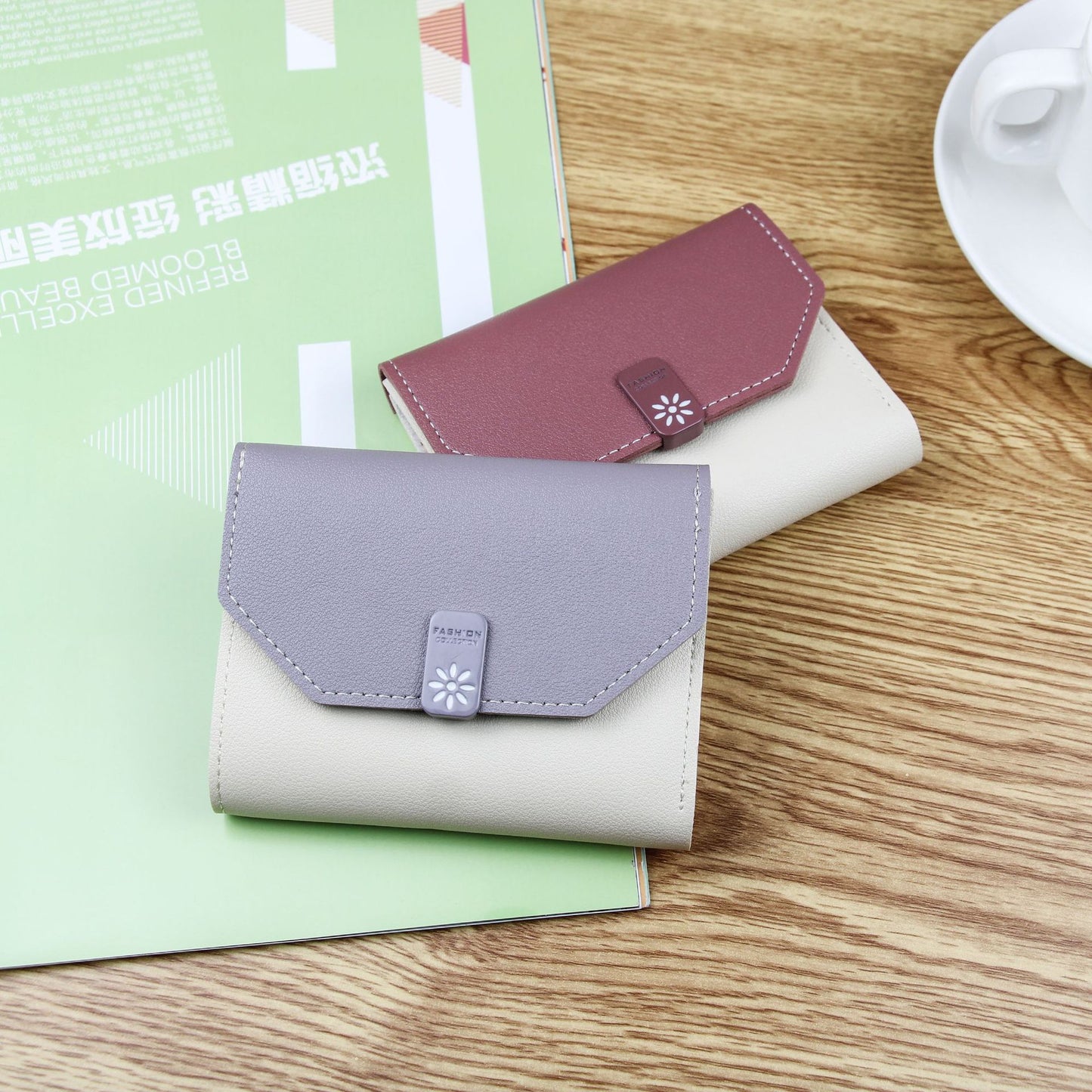 Women's Coin Purse Tri-fold Contrast Color Buckle Short Student Wallet