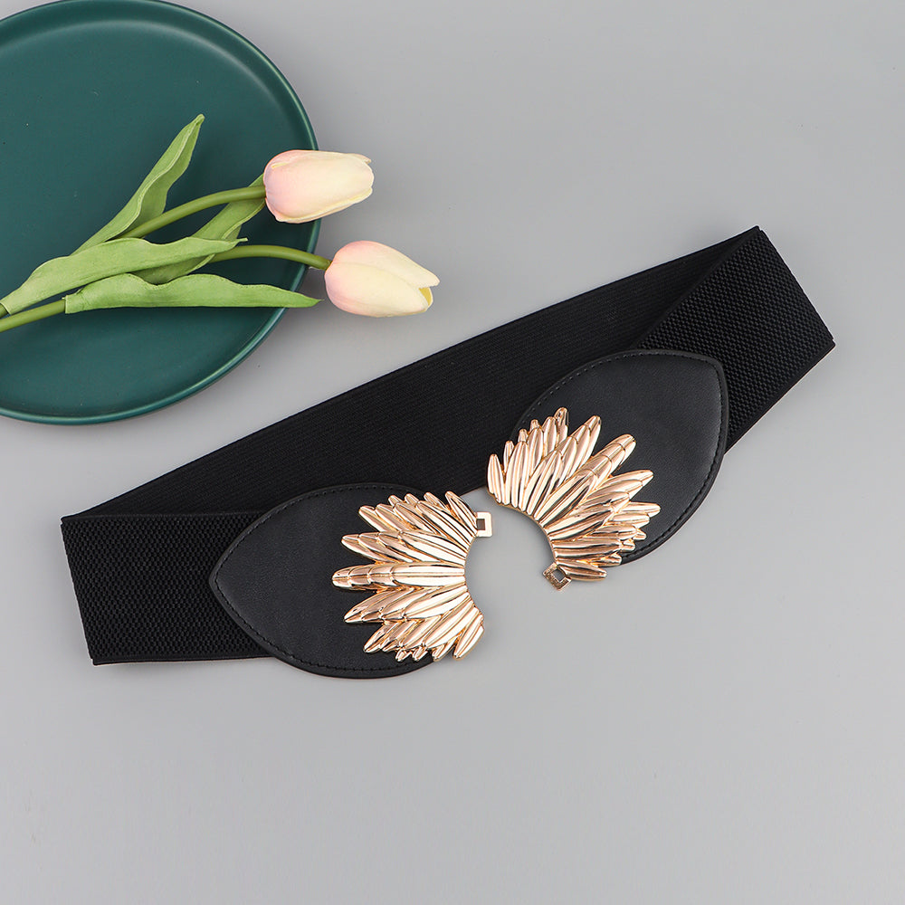 New Autumn Winter Black Elastic Waistband Sunflower Alloy Buckle Waist Cover All Match Slim Elegant Design Decorative Coat
