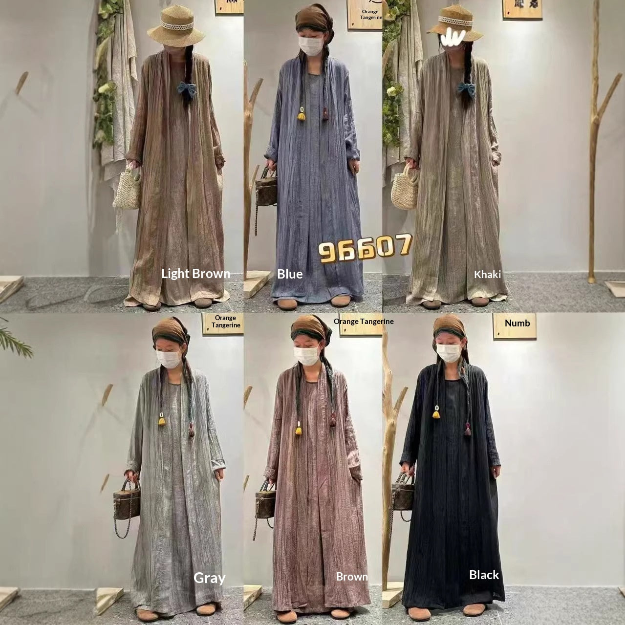 Solid-color Pleated Linen Vest Dress Long Coat Two-piece Set