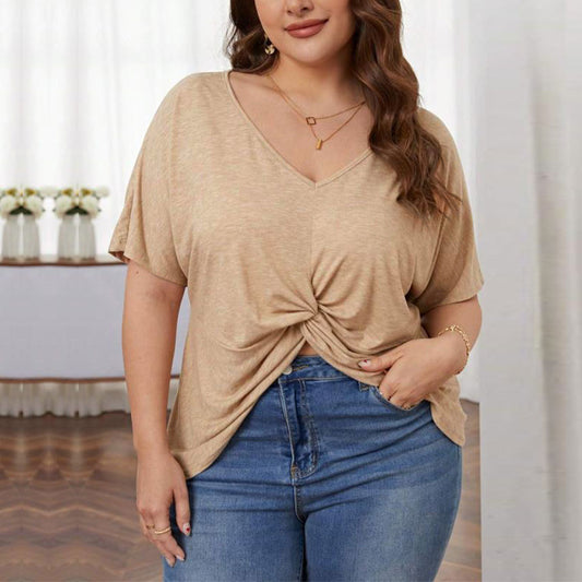 Women's Loose Casual V-neck Short Sleeve Knit Top With Irregular Hem