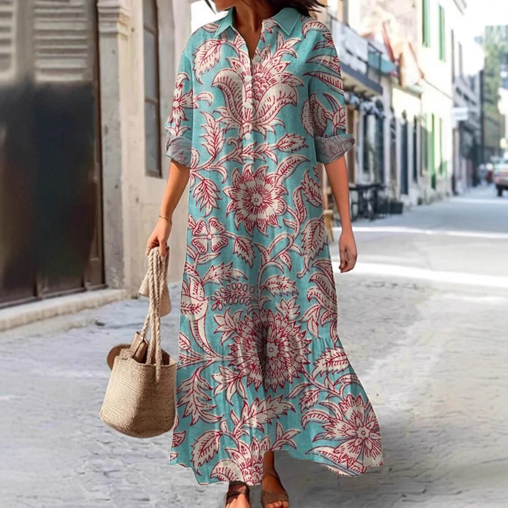 Womens Long-Sleeve Lapel-Neck Digital-Print Dress