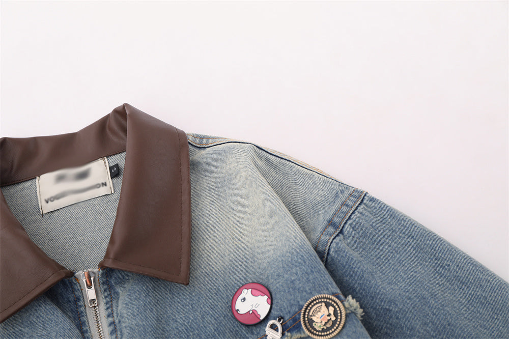 European And American Fashion Loose Contrast Color Lapels Washed And Worn Denim Jacket