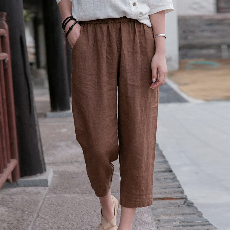Spring And Summer Cotton Linen Women's Literary  Casual Pants