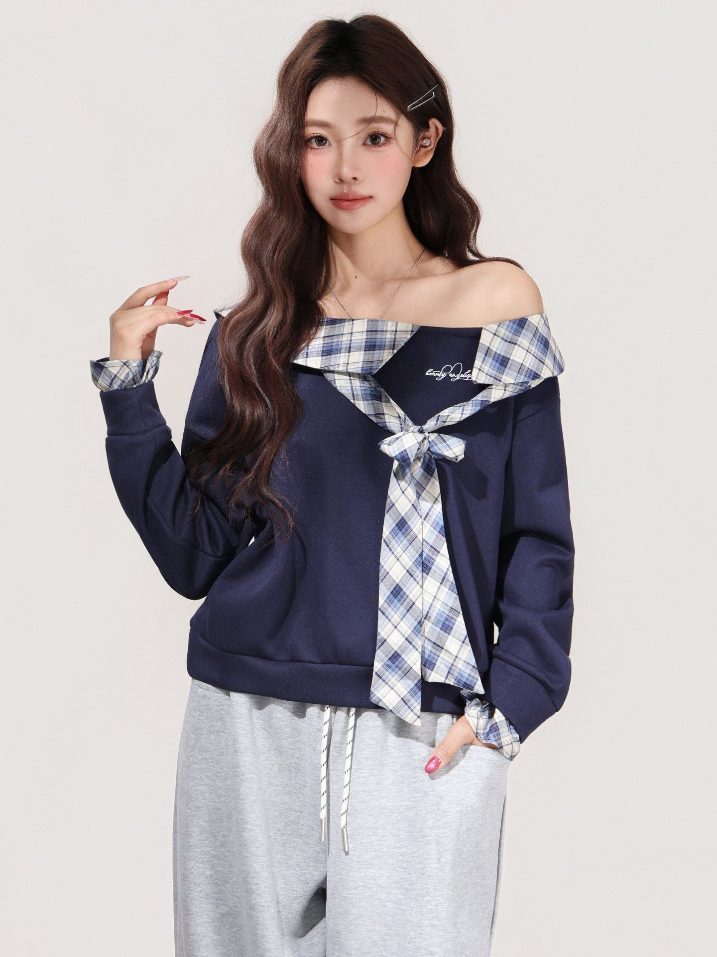 Women's Plaid Bow Off-shoulder Long-sleeve Base Shirt