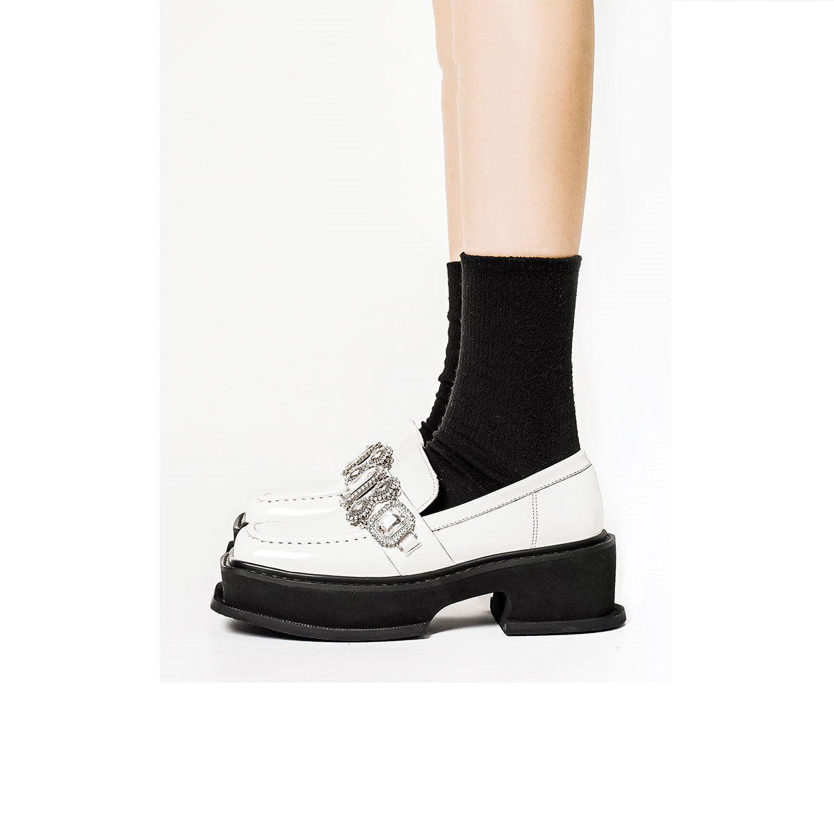 Rhinestone Lok Fu Square Toe Chunky Heel Shoes