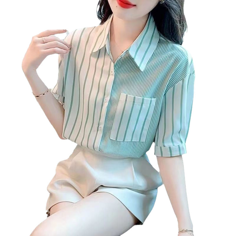 Summer Temperament Polo Collar Slim-fit Long Sleeve Chiffon Shirt