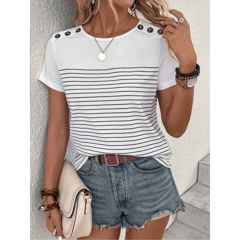 Summer British Style Shoulder Button Design Classic Striped Short Sleeve