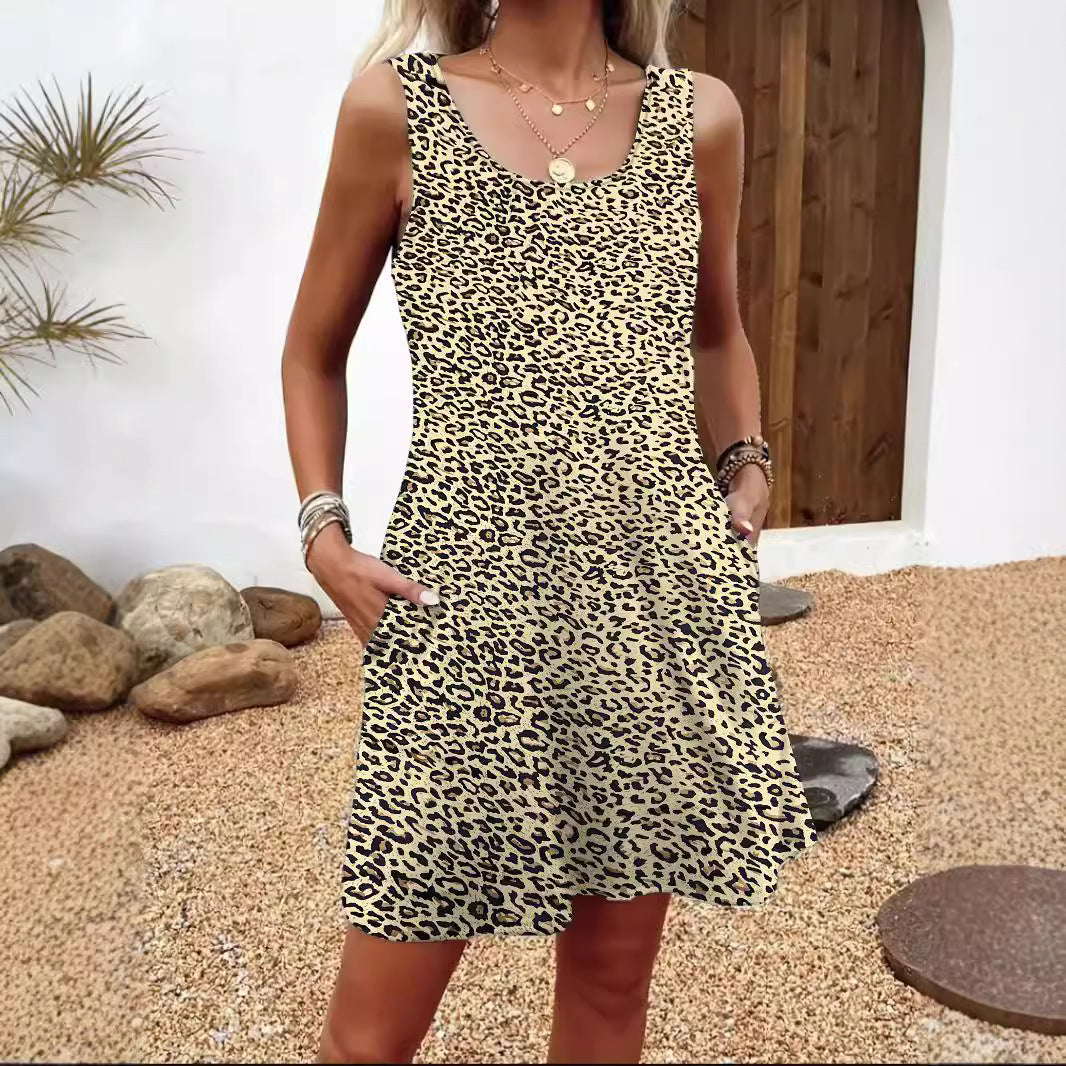 Summer New Feather Print Sleeveless Tank Dress