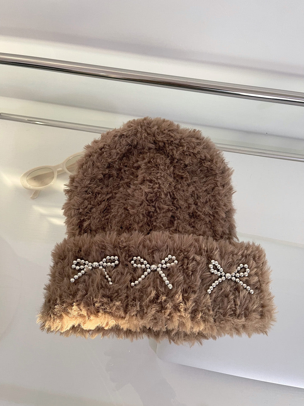 Autumn And Winter Thick Warm Soft Glutinous Knitted Bow Plush Bonnet For Women