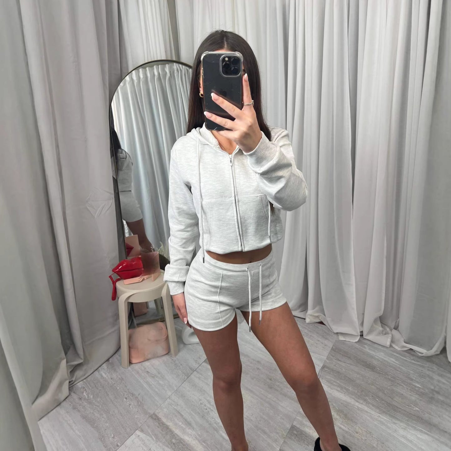 Dame Hættetrøje Oversized Sweatshirt Med Lommer Og Shorts Todelt Sæt