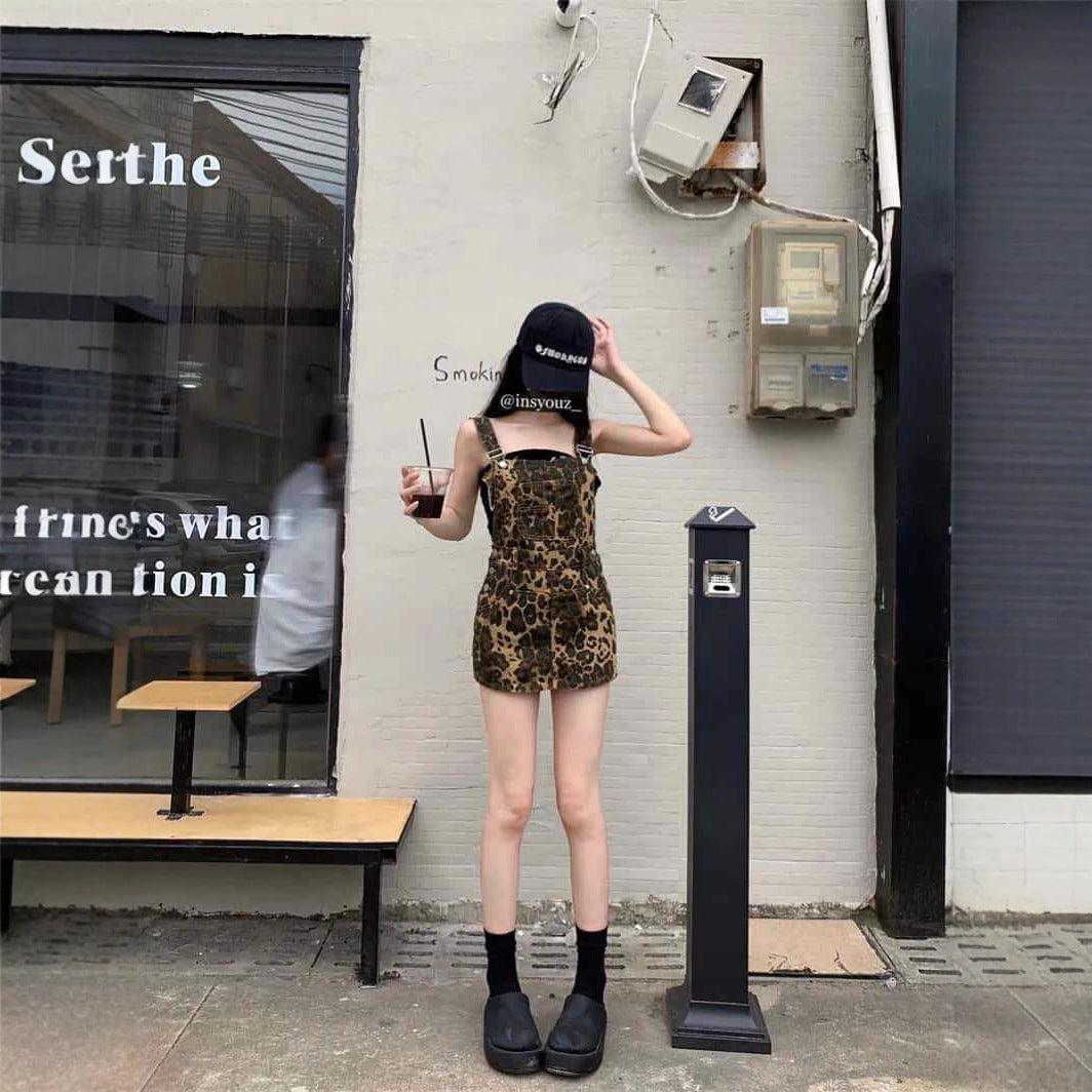 INS Leopard-print Denim Suspender Dress