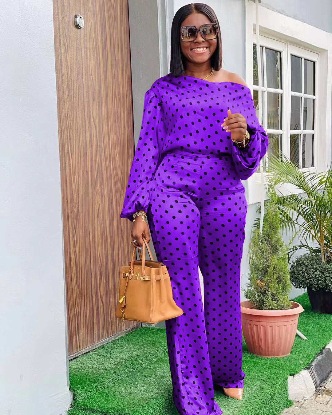 Polka Dot Printed Long-sleeved Trousers Casual Fashion Loose Shoulder Suit