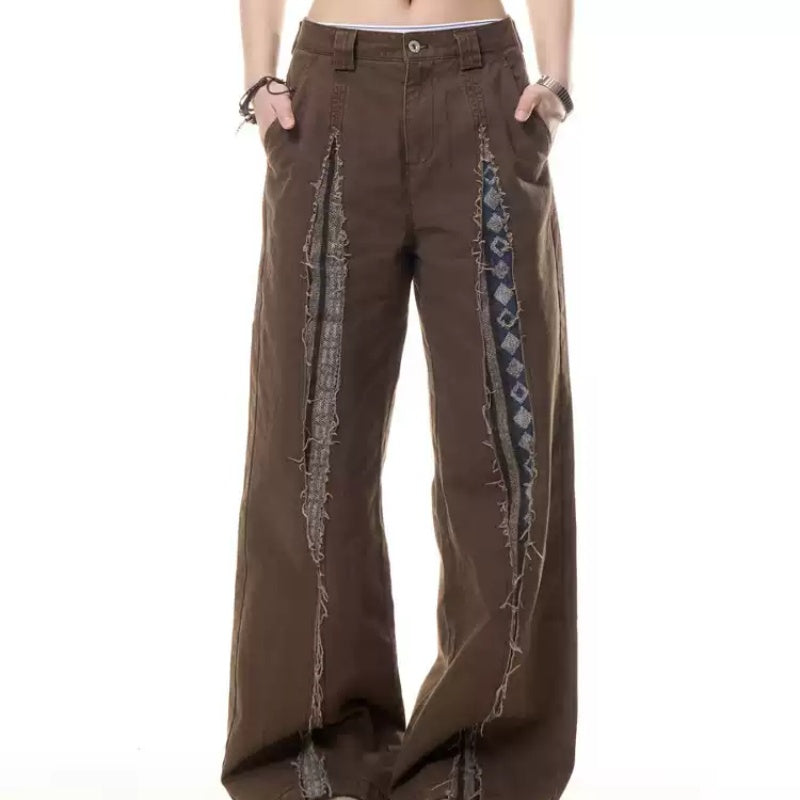 Retro Frayed Stitching Design Multi-pocket Jeans For Women