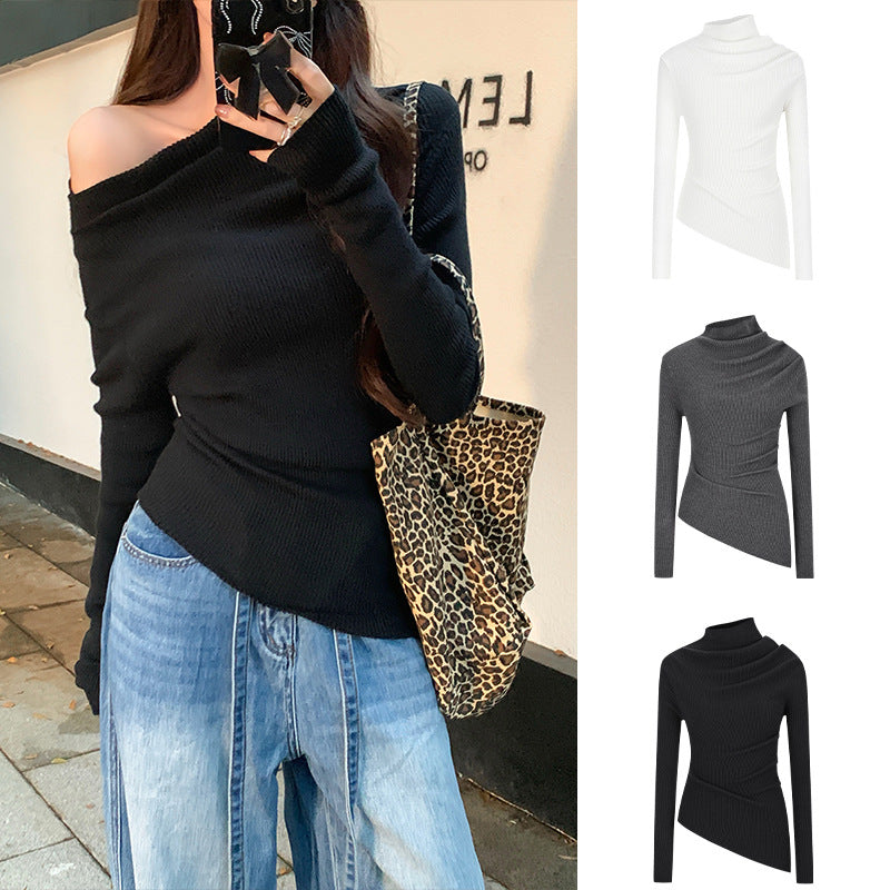 Sexy Off-the-Shoulder Long-Sleeve Knit Top For Women With A Slanted Neckline