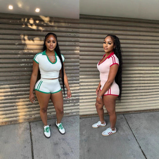 Fashionable Solid-Color U-Neck Short-Sleeve Shirt And Striped Butt-Lifting Shorts Set