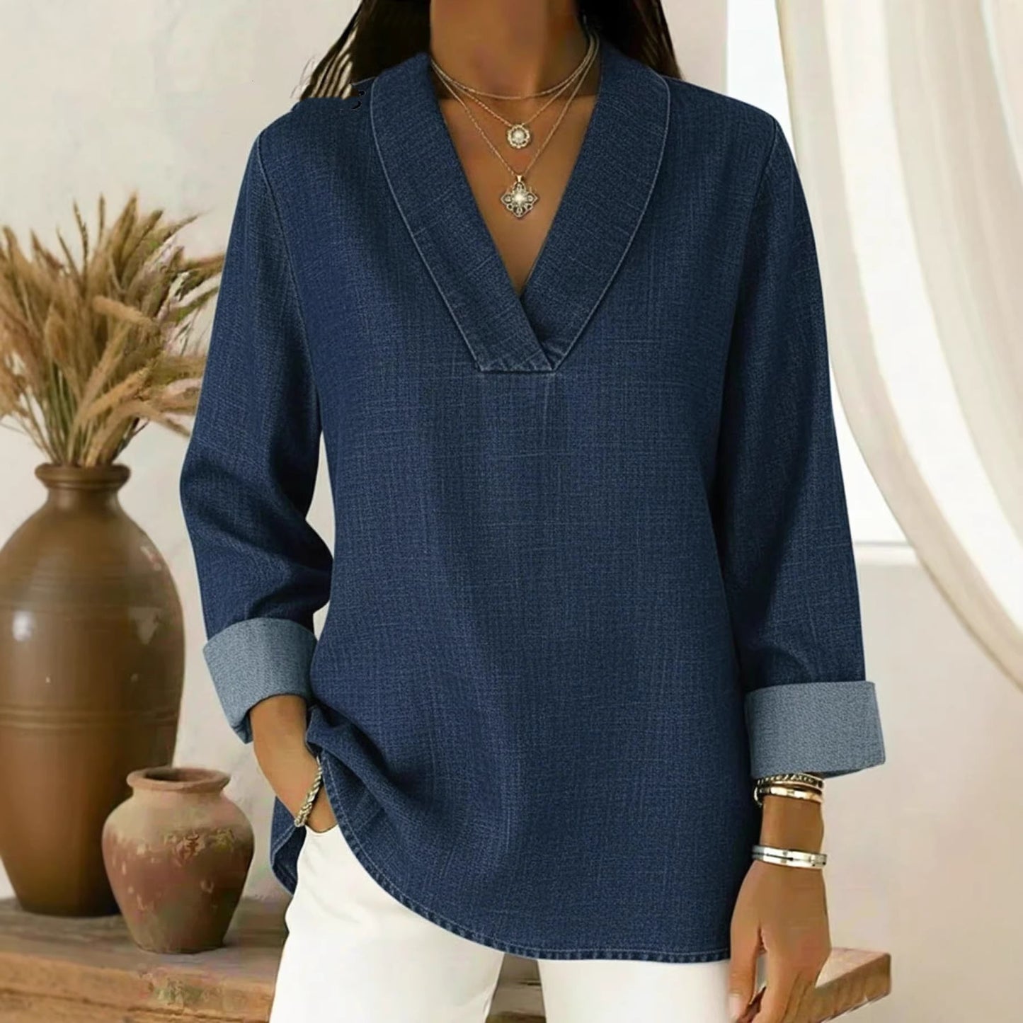 Three-quarter-sleeve Vintage Polo-collar Long-sleeve Shirt