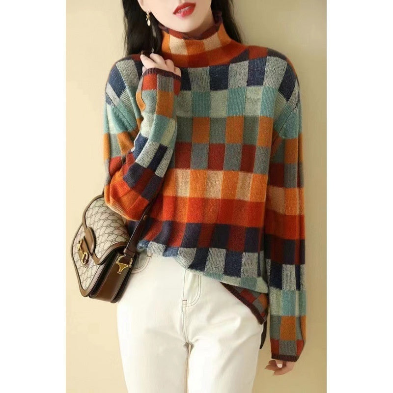 Women's Colorful Chessboard Plaid Turtleneck Laid-back Figure Flattering Sweater