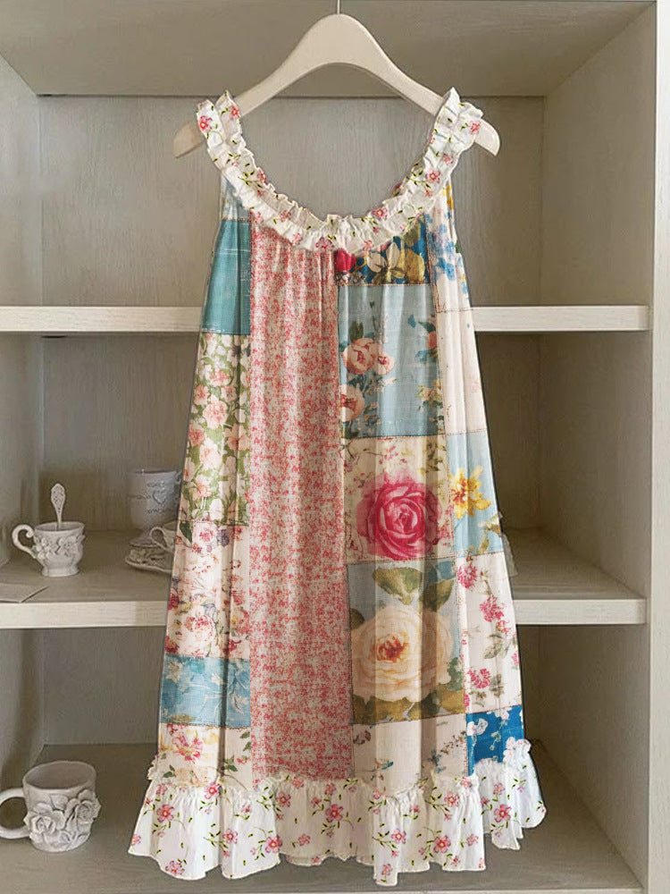 3D Digital Print Pastoral-style Womens Strap Lace Dress