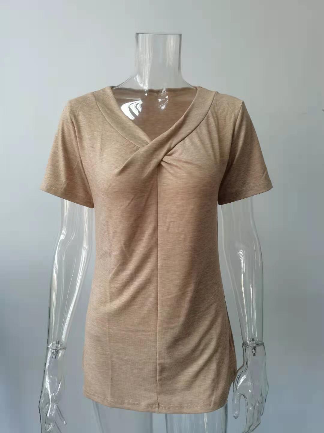 Women's V Neck Short Sleeved Neckline Kink Casual T Shirt