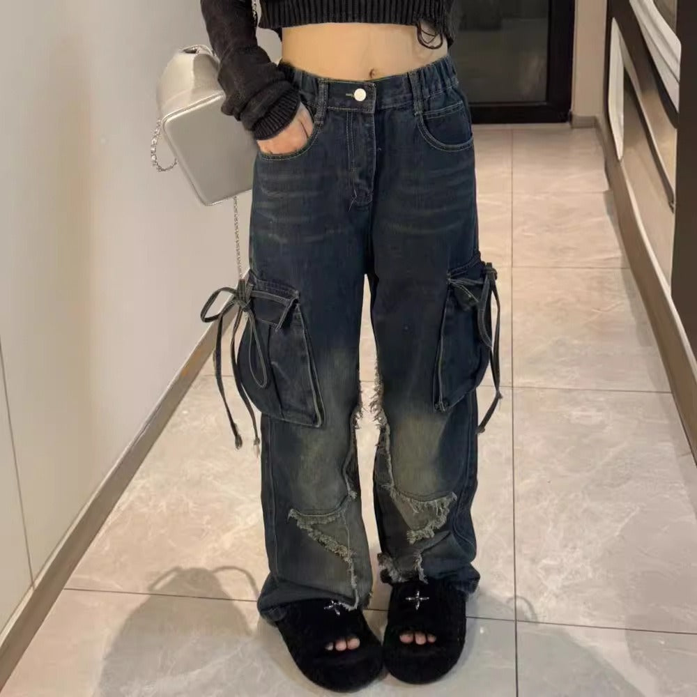 Forår og efterår amerikanske retro XINGX-jeans til kvinder med mange lommer
