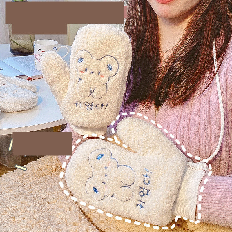 Winter Warm Embroidered Bear Student Gloves