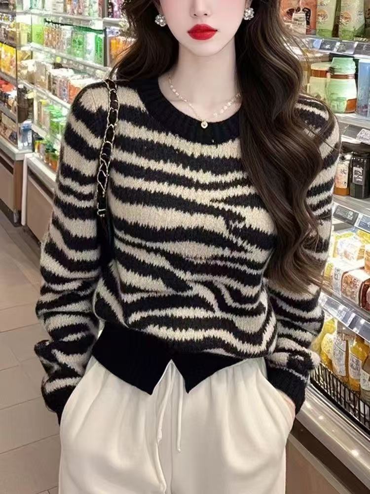 Retro Flot Sort Zebra-print Rundhalset Langærmet Sweater