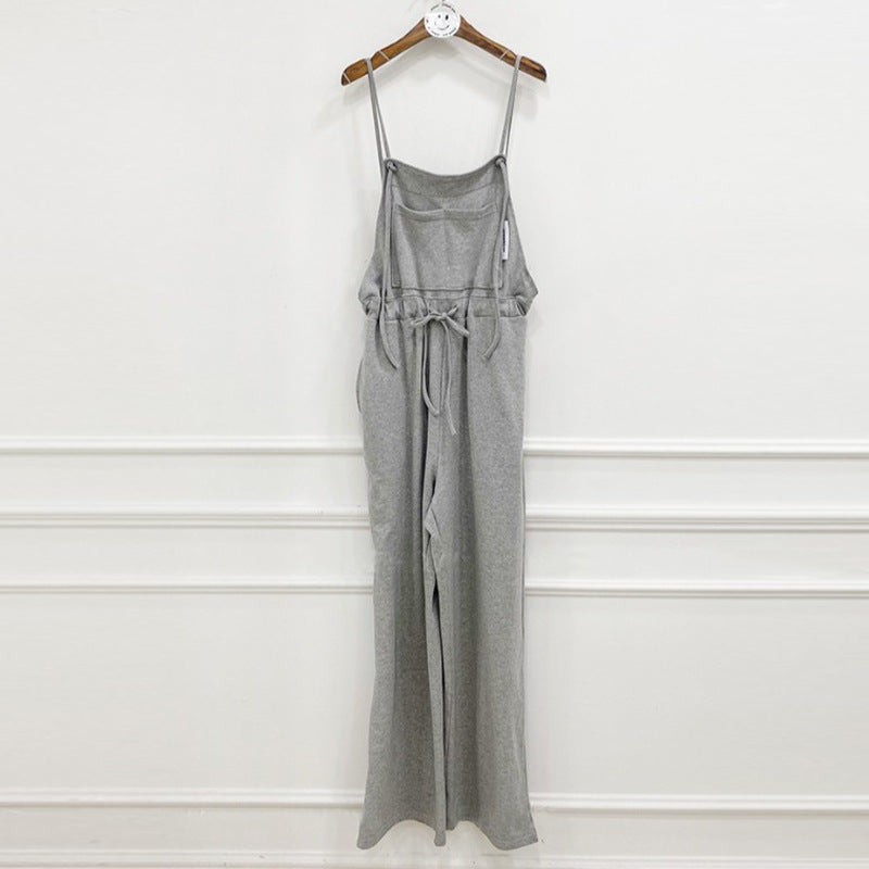 European And American Ladies Elegant Drawstring Waist Trimming Loose Wide Leg Pants Suspender Pants Simple Style