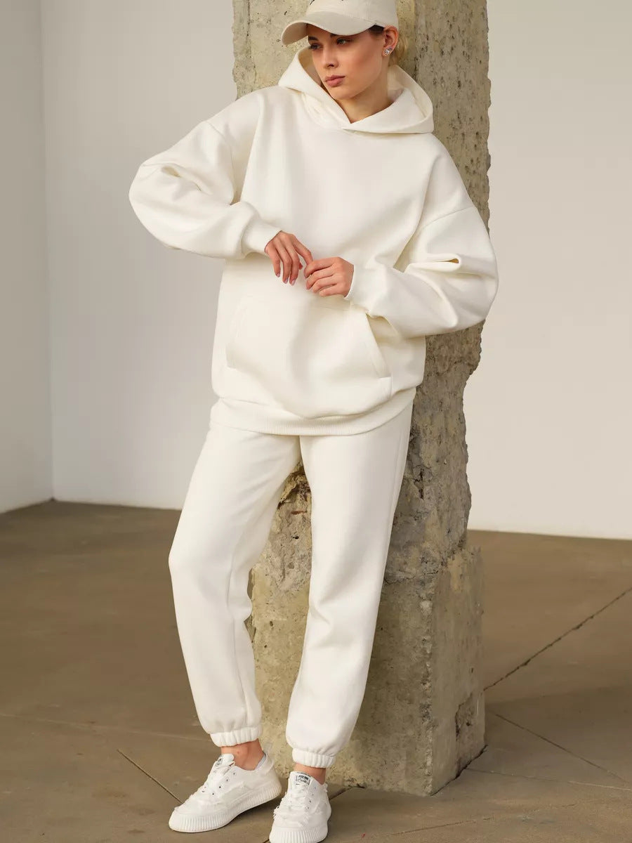 Casual Fleece-lined Hooded Sweatshirt And Pants Two-piece Set