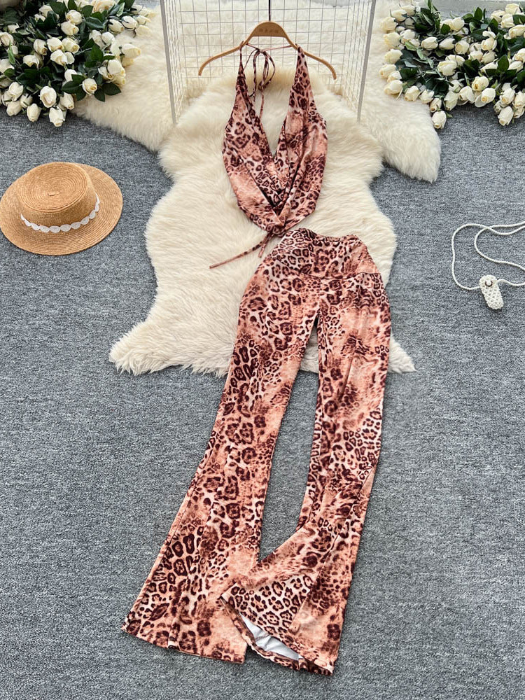 Sexy Scooped-neck Leopard-print Tank Top With High-waisted Flared Pants