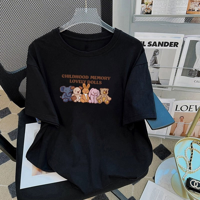 Kortærmet T-shirt i bomuld med tegneserieprint til kvinder