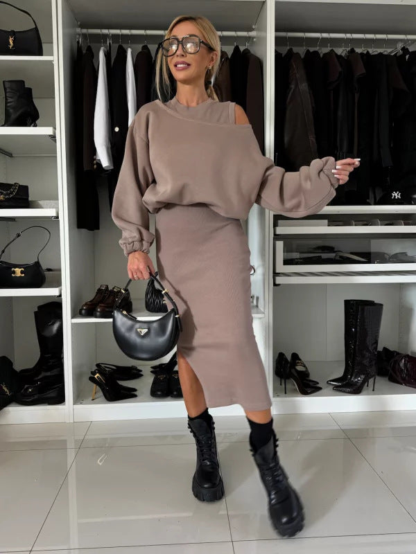 Womens Relaxed Off-shoulder Batwing-sleeve Cropped Top And Tank Dress Set
