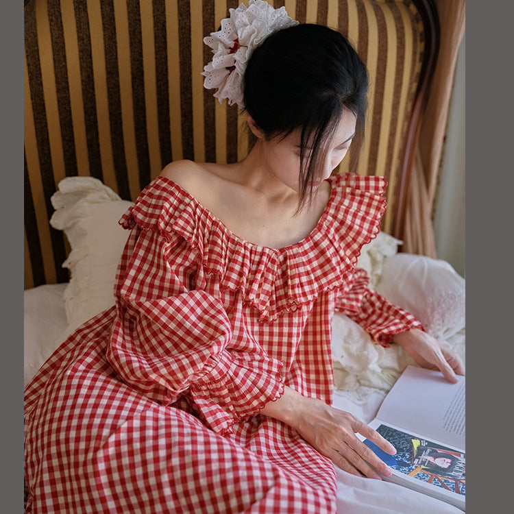 Plaid Sweet Nightgown Loose Loungewear Outerwear-Friendly French-Style Womens SpringAutumn Nightgown